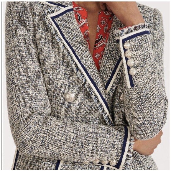 Veronica Beard Theron Tweed Fringe Navy White Frayed Trim Career Blazer Size 12 - Picture 2 of 9